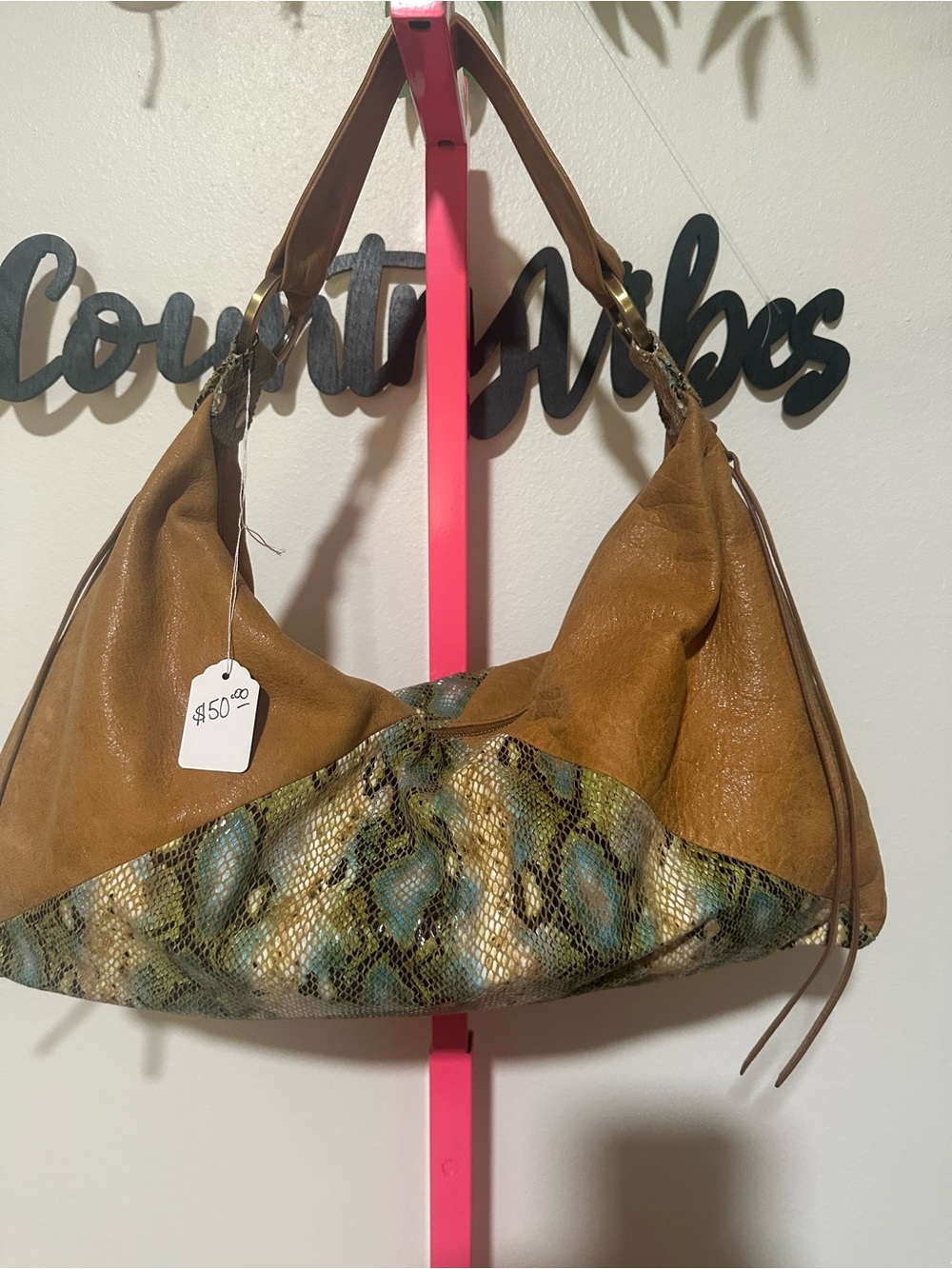 Brown Leather Hobo Bag with Snake-Print Accent